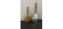 Brosse et miroir en métal doré vintage à fleurs