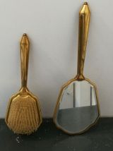 Brosse et miroir en métal doré vintage à fleurs