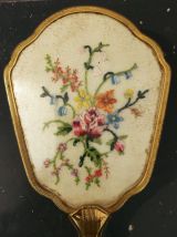 Brosse et miroir en métal doré vintage à fleurs
