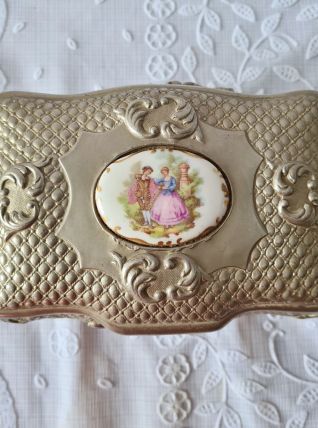 petite boite à bijoux métal argenté et médaillon céramique 