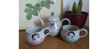 Théière et tasses Pierrot en grès Vintage