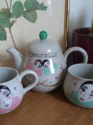 Théière et tasses Pierrot en grès Vintage