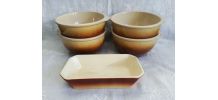 4 bols  à oreilles en grès vernis et leur beurrier