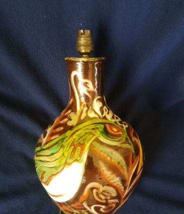 Lampe céramique artisanale Hélène Coré, décor aux oiseaux. 
