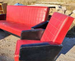 Ensemble canape + 2 fauteuils vintage skai rouge et noir