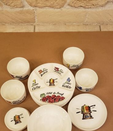 Service à fondue en faïence de Gien 6 assiettes et 5 bols