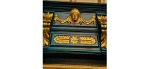 tres grand miroir bisoté ; bois peint  bleu canard 1930 styl