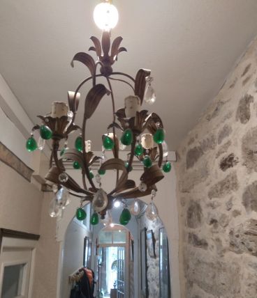 Lustre ancien pampille verte et blanche