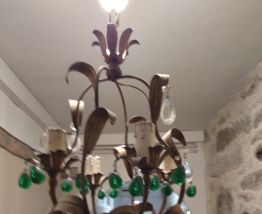 Lustre ancien pampille verte et blanche