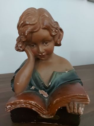BUSTE SCULPTURE PLATRE ANCIEN LA LISEUSE JEUNE FILLE ENFANT 