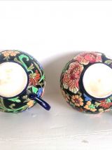 Tasses émaux de Longwy pivoines, vers 1900 