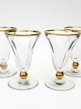 4 anciens petits verres apéritif | verre épais touches dorée