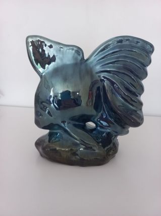 Poisson art déco en grès flammé bleu métal de Rambervillers