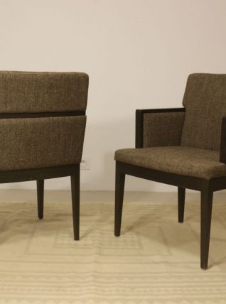 Paire de fauteuils cube année 1960 tissu chiné couleur marro