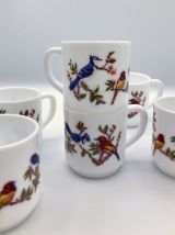 Ensemble vintage de 6 tasses Arcopal décor oiseaux