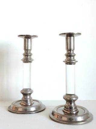 Paire de bougeoirs design plexiglas et métal, 1960