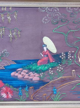 TABLEAU ASIATIQUE SOIE PEINTE ET BRODEE 1900 1930 ?