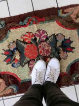 Tapis ancien Américain Hooked fait main, 1C986