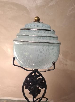  fer forgé  boule bleu en opaline clichy moucheté de blanc35