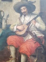 Huile sur toile XIXème"Le troubadour à la mandoline"