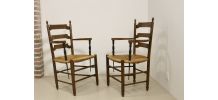 Paire de fauteuils en chêne massif et paille accoudoirs bico