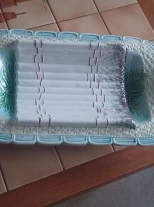 Ancien Plat à Asperges en faïence Barbotine tons pastels