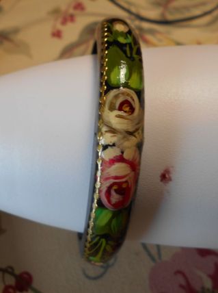 BRACELET BOIS DIAMETRE 6,5 CM NOIR FLEURS PEINTES MAIN MULTI