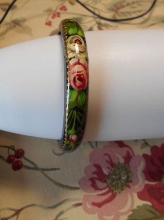 BRACELET BOIS DIAMETRE 6,5 CM NOIR FLEURS PEINTES MAIN MULTI