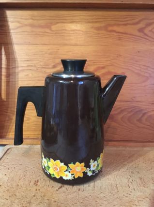 Cafetière émaillée vintage marron fleurs orange et jaunes