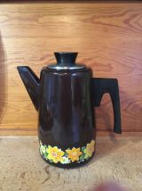 Cafetière émaillée vintage marron fleurs orange et jaunes