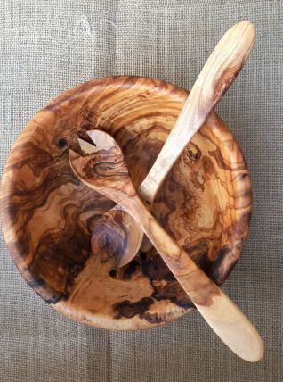 Saladier et couverts en bois d'olivier 