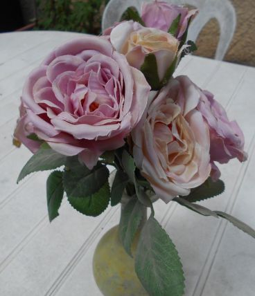 BOUQUET DE FLEURS SOIE 27 CM ROSES ET FEUILLES SOIEDEREVE 