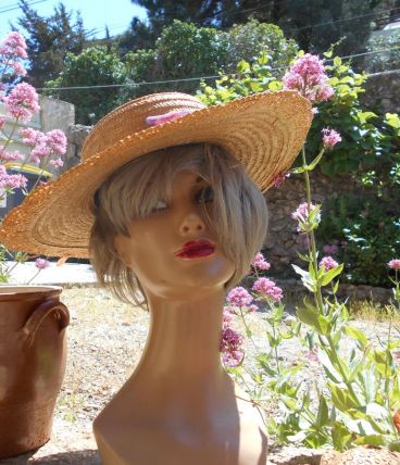 CHAPEAU ANCIEN VINTAGE PAILLE SOIE ET FLEURS SECHEES T 57-58