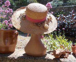 CHAPEAU ANCIEN VINTAGE PAILLE SOIE ET FLEURS SECHEES T 57-58