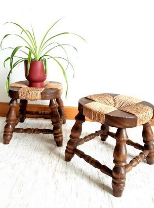 Paire de tabourets de cheminée bois et paille 1950 