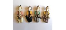 4 statuettes thaï bois sculpté polychrome musiciens 