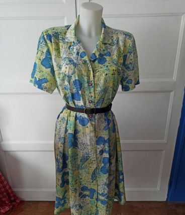 Robe chemise été  vintage vert clair imprimé feuilles
