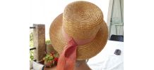 CHAPEAU ANCIEN VINTAGE PAILLE RUBAN VIEUX ROSE T 56-57