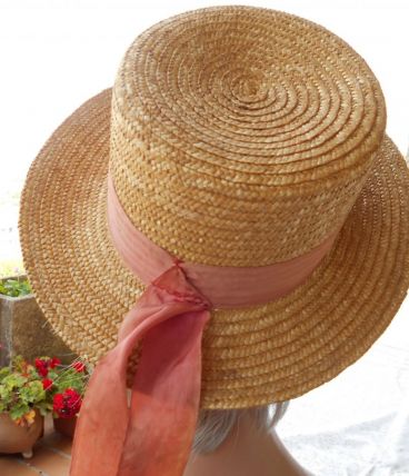 CHAPEAU ANCIEN VINTAGE PAILLE RUBAN VIEUX ROSE T 56-57
