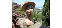 CHAPEAU ANCIEN VINTAGE PAILLE RUBAN VIEUX ROSE T 56-57