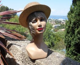 CHAPEAU ANCIEN VINTAGE PAILLE RUBAN VIEUX ROSE T 56-57