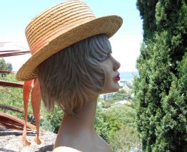 CHAPEAU ANCIEN VINTAGE PAILLE RUBAN VIEUX ROSE T 56-57
