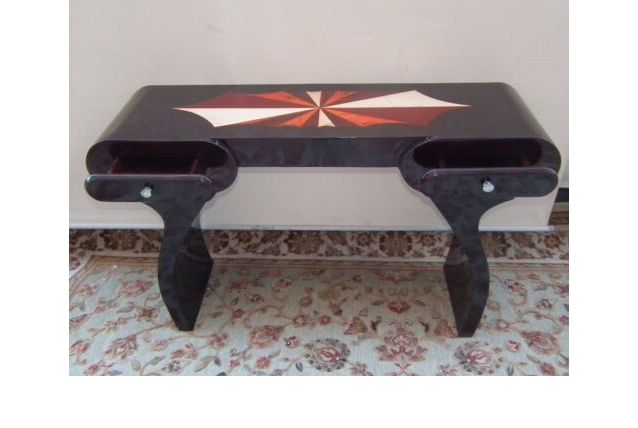 CONSOLE ART DECO LOUPE DORME 2 TIROIRS MARQUETERIE, PALISSAN