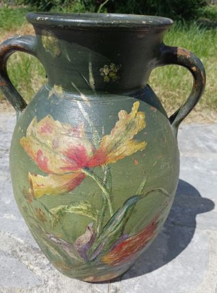 Amphore en terre cuite - Décor floral