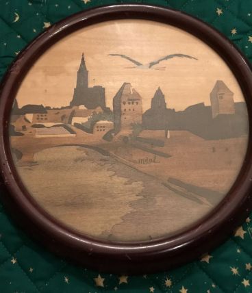 Tableau en marqueterie et pyrogravure signé Méal