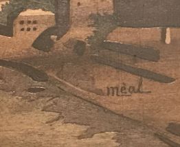 Tableau en marqueterie et pyrogravure signé Méal