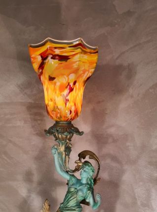tres ancienne  1900  lampe  en regule  patiné  vert et bronz