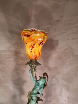 tres ancienne  1900  lampe  en regule  patiné  vert et bronz
