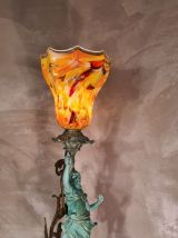 tres ancienne  1900  lampe  en regule  patiné  vert et bronz
