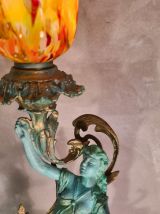 tres ancienne  1900  lampe  en regule  patiné  vert et bronz